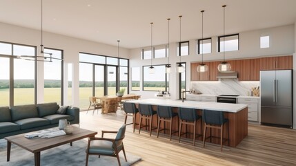 Modern Open Kitchen with Island: This contemporary kitchen design boasts a spacious open layout, featuring a large island with bar seating, a sleek stainless steel appliance package, wood cabinets.
