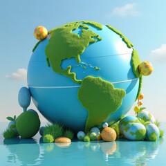 A surreal concept combining inflatable earth globes or spheres with whimsical, colorful accents for travel or environmental themes.

