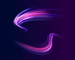 Creative vector illustration of flying cosmic meteor, planetoid, comet, fireball isolated on transparent background. Effect, png, wave,neon,line. Light arc in neon colors, in the form of a turn.