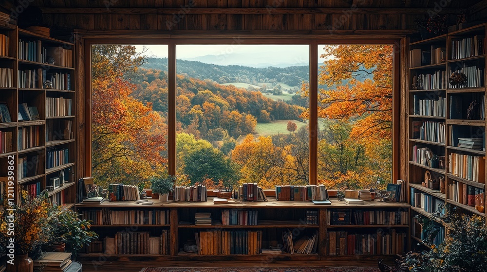 Poster A room with a large window showing a dense and green forest in the background