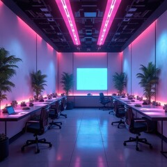 Futuristic Abstract Workspace A blend of minimalist furniture and neon geometric elements, suitable for technology-focused presentations.