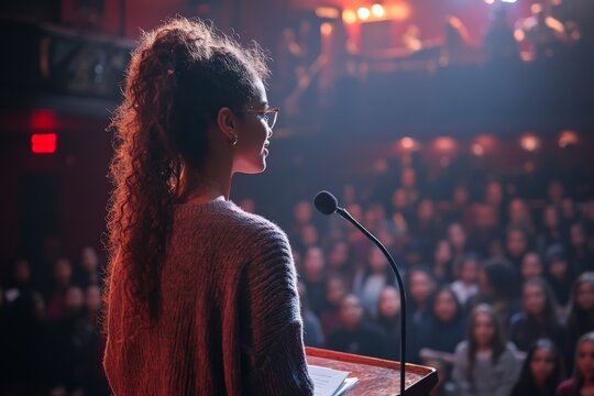 A woman in glasses delivers an impactful speech at a podium, surrounded by red hues. Her presence and eloquence suggest she is captivating and inspirational.