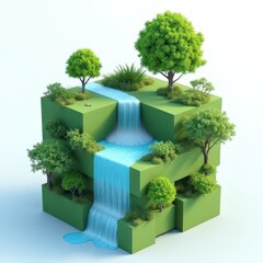 3D Geometric Nature Fusion
Cubic structures merging with natural elements like trees, plants, and flowing water, emphasizing harmony between technology and nature.