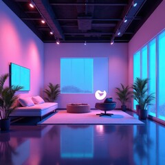 Futuristic Abstract Workspace A blend of minimalist furniture and neon geometric elements, suitable for technology-focused presentations.
