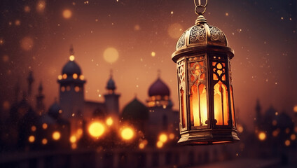 Arabic lantern with a blurry mosque background, Ramadan kareem background