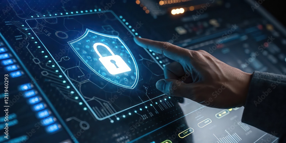 Poster cybersecurity concept with a padlock icon on a high-tech screen representing data protection