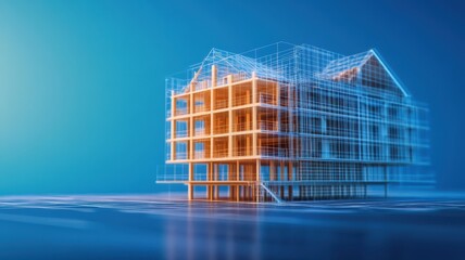 Obraz premium A digital rendering of a modern house under construction, showcasing a skeletal framework against a blue background with highlighted sections.