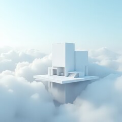 podium, white bright sky floating above clouds, product display horizontal