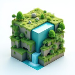 3D Geometric Nature Fusion
Cubic structures merging with natural elements like trees, plants, and flowing water, emphasizing harmony between technology and nature.