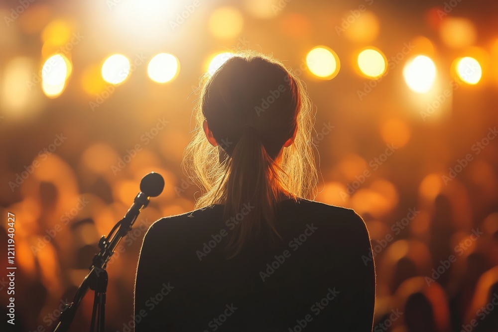 Poster A silhouetted figure stands behind a microphone with bright, dynamic stage lights illuminating the area, creating a sense of performance and artistic expression.