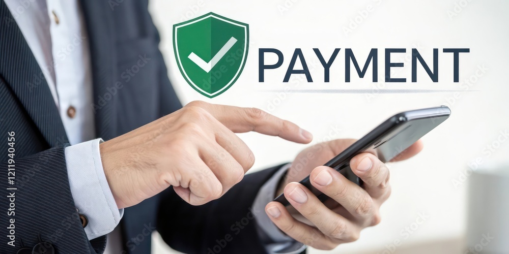 Poster businessman doing a payment and a verification process represented by a shield icon
