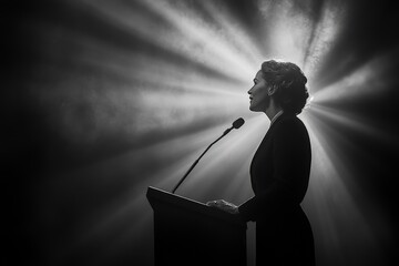 A silhouette of a woman stands confidently at a podium under dramatic lighting, creating a sense of elegance and timelessness with a radiating spotlight behind.