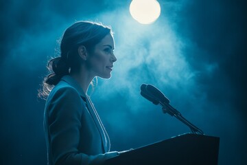 A woman, dressed in blue, delivers a speech at a podium under moody blue lighting, with a background shrouded in light mist for a dramatic presentation.