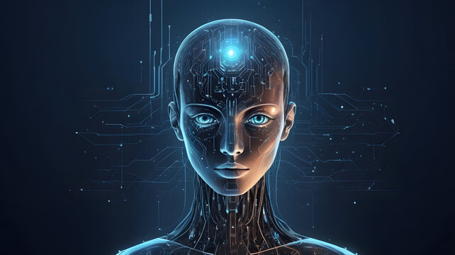 Futuristic abstract design featuring a robotic figure with digital circuitry and glowing elements for desktop or wallpaper use
