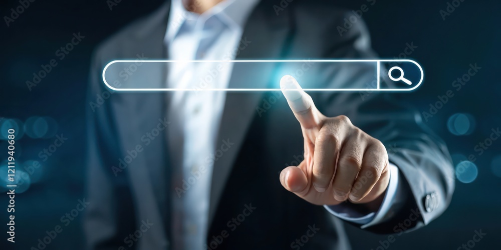 Poster businessman interacting with a futuristic virtual interface searchbar for digital data management