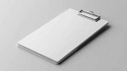 A minimalist 3D model of an empty clipboard with a sleek metal clip, set against a solid light grey background with soft lighting 