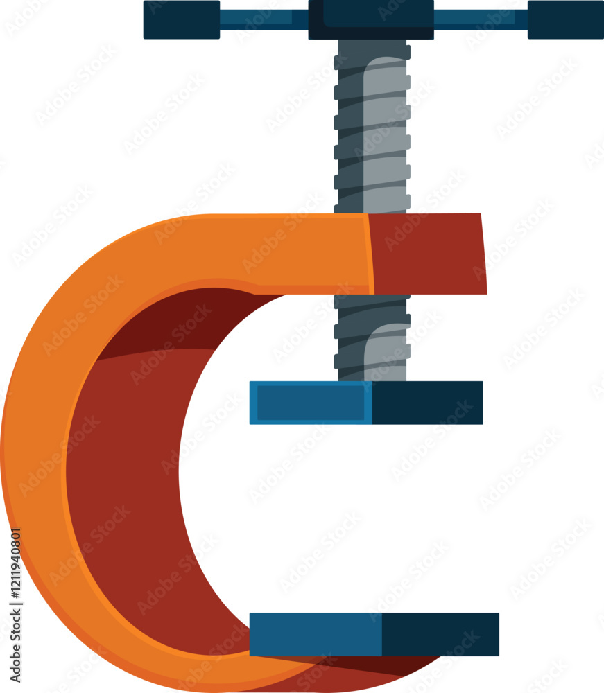 Poster c clamp squeezing two blue blocks with turning screw, isolated on white background