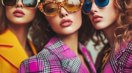 Trendy women wearing stylish sunglasses and colorful outfits.