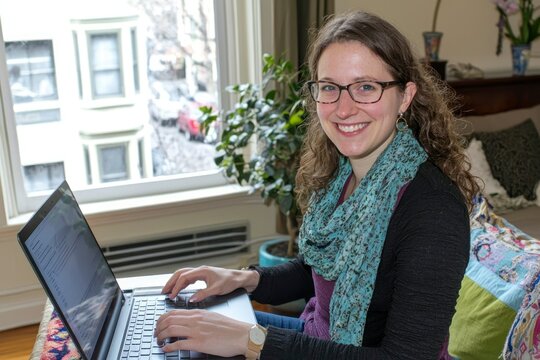 Woman smiling while working on her laptop at home