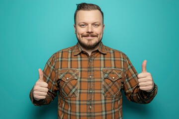 Fototapeta premium Happy Man Wearing Plaid Shirt Shows Thumbs Up