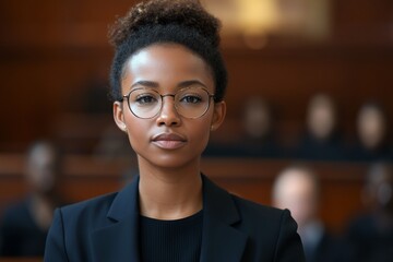 Obraz premium A poised woman with glasses and curly hair exudes confidence and professionalism as she sits in a courtroom setting, focused and attentive.