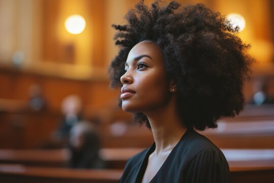 An introspective woman with an afro hairstyle gazes into the distance against a courtroom backdrop, channeling strength, resilience, and contemplative depth.