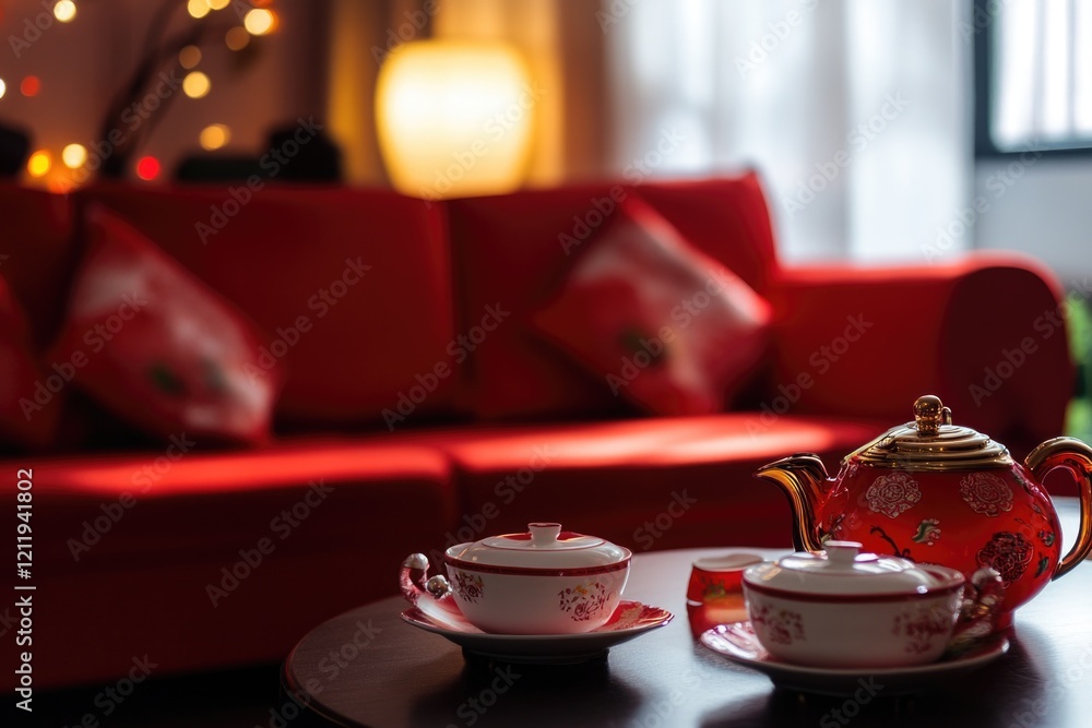 Poster a traditional table setting with two cups and a teapot