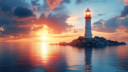 Fototapeta premium Serene sunset over calm waters with a lighthouse illuminating the horizon against dramatic clouds