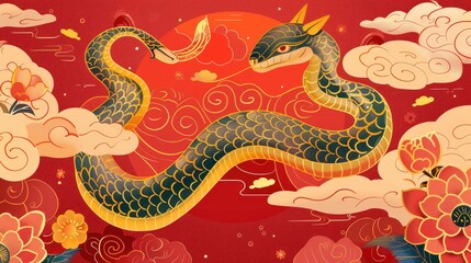 Fototapeta premium Cute Chinese snake print, vector illustration style, flat design with traditional elements of Spring Festival celebration and lanterns