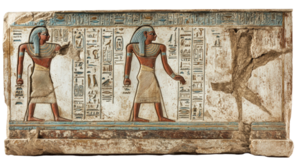 Ancient Egyptian relief depicting figures with hieroglyphics in archaeological context isolated on transparent background