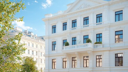Fototapeta premium Elegant white building, city street, sunny day, architectural detail, real estate