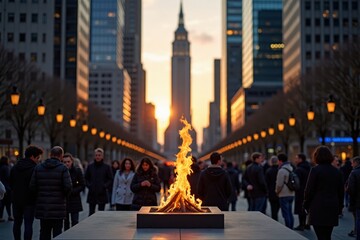 The eternal flame stands proudly in a city square surrounded by tall buildings. People gather around it, paying their respects while the sun sets in the background