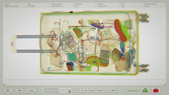 Advanced Security System in Airport Terminal: X-Ray Scan of Passengers Suitcases Lying On Conveyor. 3D Graphics of Computer Software Interface or Analyzing Program for Scanning Luggage At Departure.