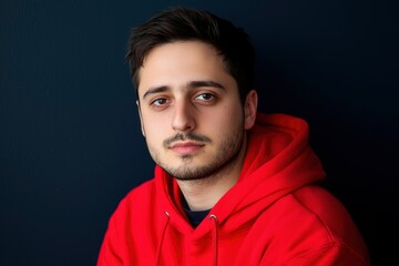 Fototapeta premium Young Man Wearing a Red Hoodie Against Dark Background