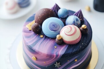Birthday cake with cosmic galaxy design featuring colorful planets and stars for a celestial themed party