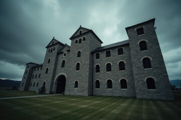 Fototapeta premium A large, old prison building stands tall with high stone walls and barred windows. In the background, dark clouds gather, creating a moody atmosphere around the structure