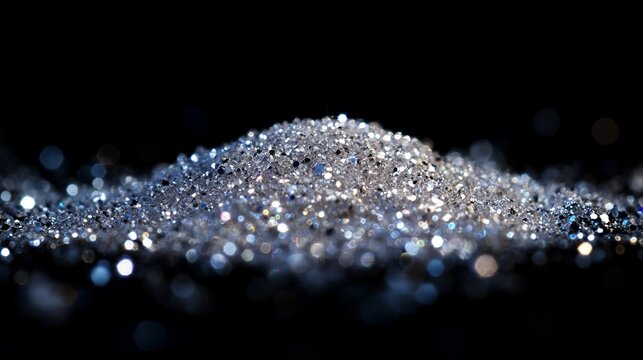 Sparkling pile of silver glitter on black background
