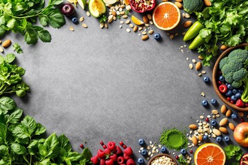 Healthy Food Frame with Fruits, Vegetables, Nuts and Berries on Gray Background