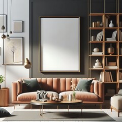 Modern Living Room Interior with ISO A Paper Size Poster Mockup – Elegant 3D Render Design