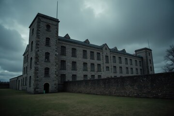 Fototapeta premium A large, old prison building stands tall with high stone walls and barred windows. In the background, dark clouds gather, creating a moody atmosphere around the structure
