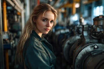 Fototapeta premium A young woman stands confidently near industrial machinery, representing strength and empowerment in a factory setting with complex equipment in the background.