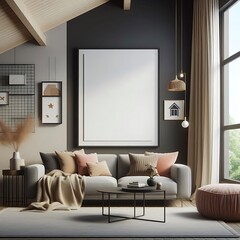 Modern Living Room Interior with ISO A Paper Size Poster Mockup – Elegant 3D Render Design
