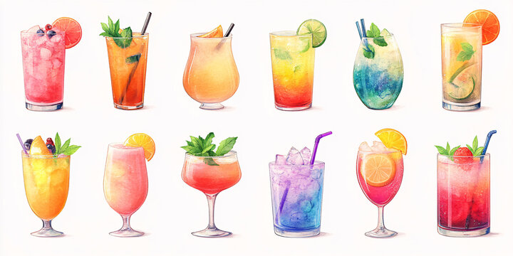 A vibrant collection of twelve watercolor illustrations of summer cocktails.