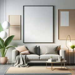 Modern Living Room Interior with ISO A Paper Size Poster Mockup – Elegant 3D Render Design