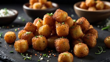 Brulee Bomb is a contemporary savory snack. Ball shaped and covered with bread flour similar to the typical Dutch bitterballen. White background