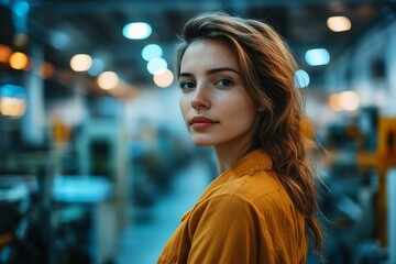 Fototapeta premium An elegant woman in yellow attire glances over her shoulder in a brightly lit factory setting, balancing poise with the dynamic environment of industry.