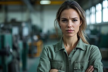 A confident woman stands with arms crossed at an industrial workshop, symbolizing leadership and mastery over technological challenges in a bustling environment.