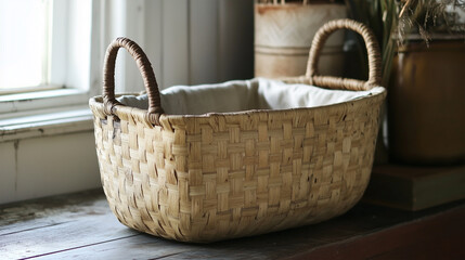 A basket with a handle sits on a table