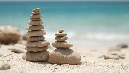 Naklejka na ściany i meble Stacked smooth stones on a sandy surface, with a blurred ocean view in the background