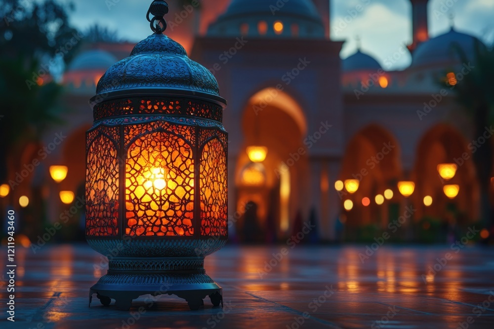 Poster a single lit up lantern sits on a colorful tiled floor